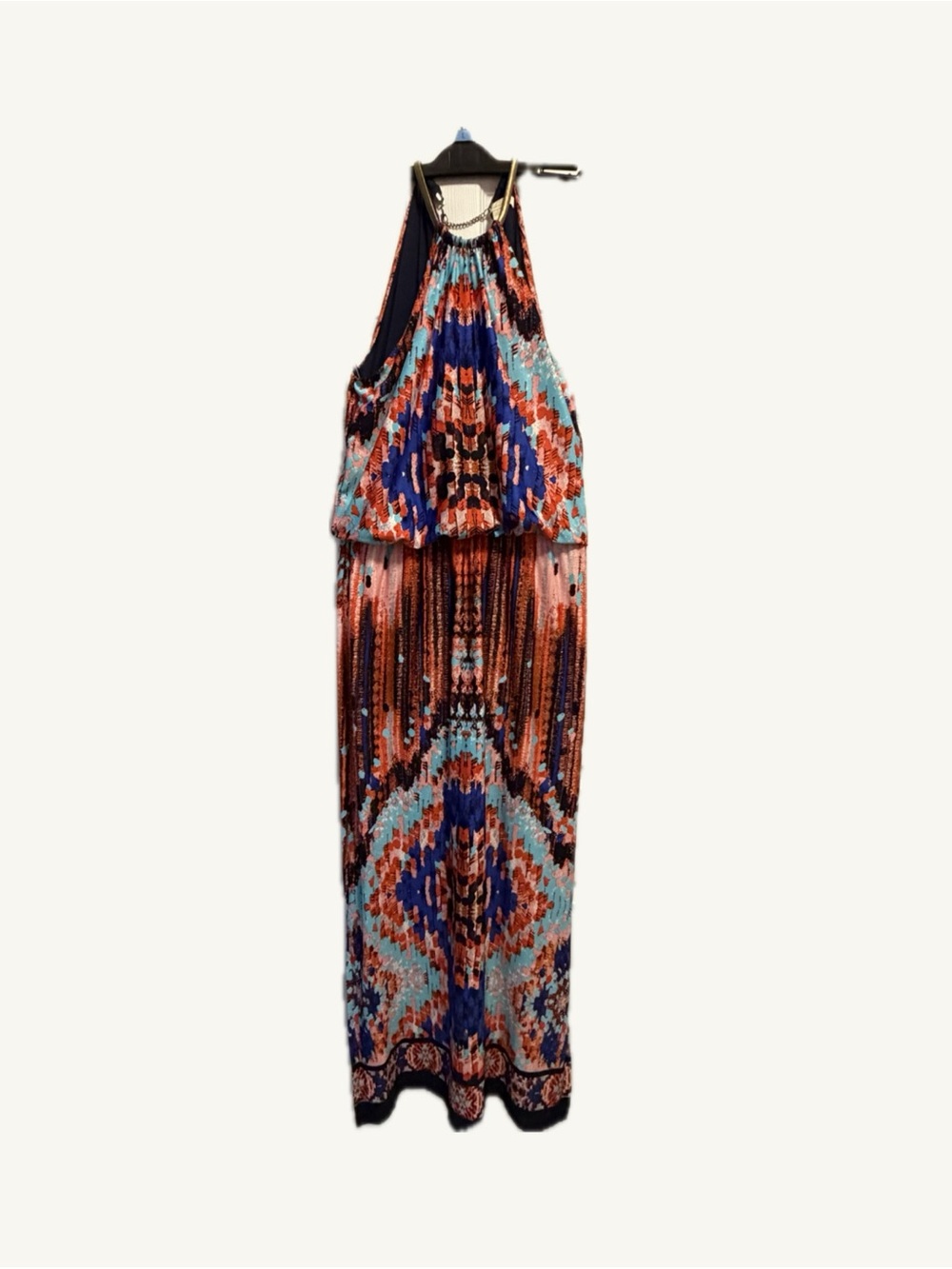 Colorful Abstract Print Maxi Dress by Prelude Size L Gold Tone Neck